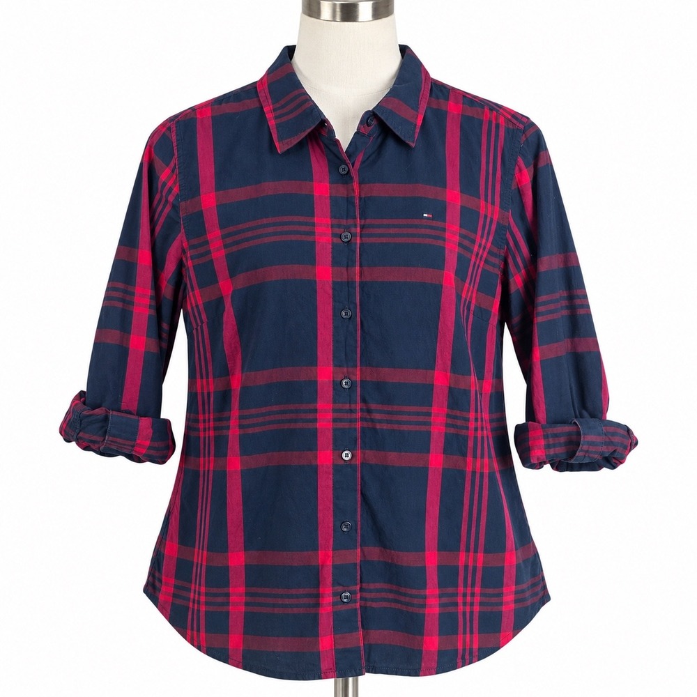 Tommy Hilfiger Womens M Navy Red Pink Plaid Button Down Shirt Classic Fit Preppy